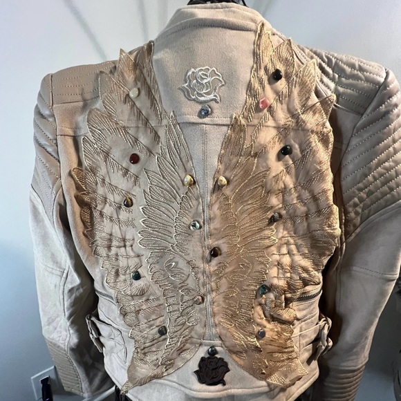 Gorgeous beige & bronze angel wings jacket w/sewed on natural healing crystals. - Picture 4 of 4